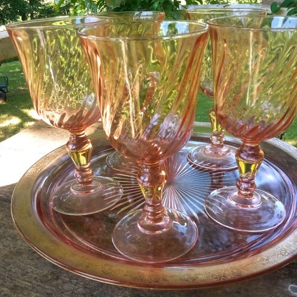 Cristal D'arques-Durand water goblet set of 6 in swirl optic rosaline pink